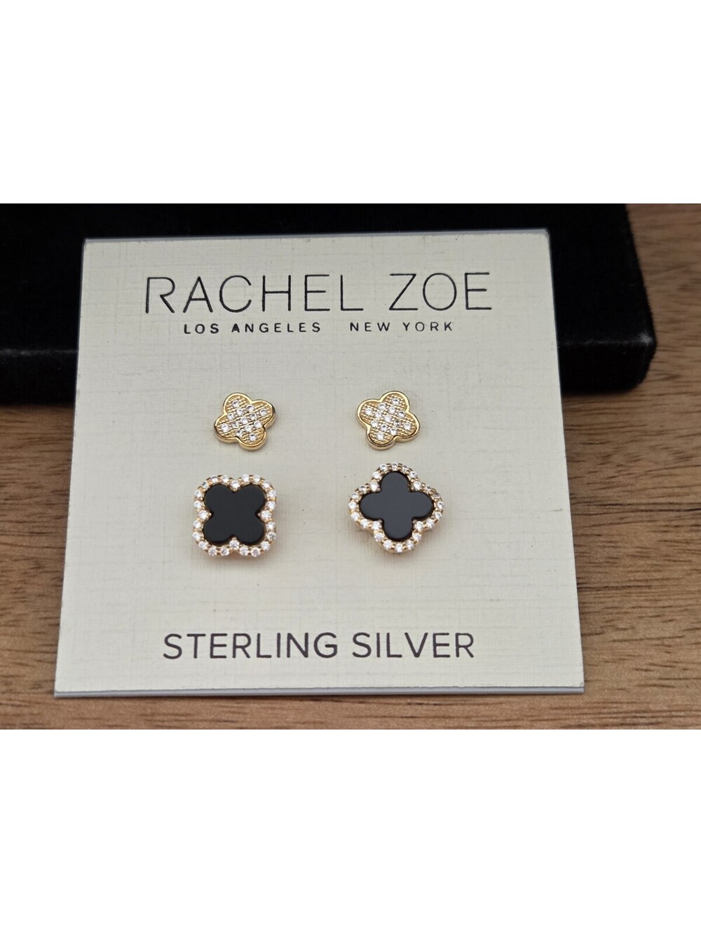 New Rachel Zoe NWT 18K Gold Plated Sterling Silver black Onyx Pave Clover Studs